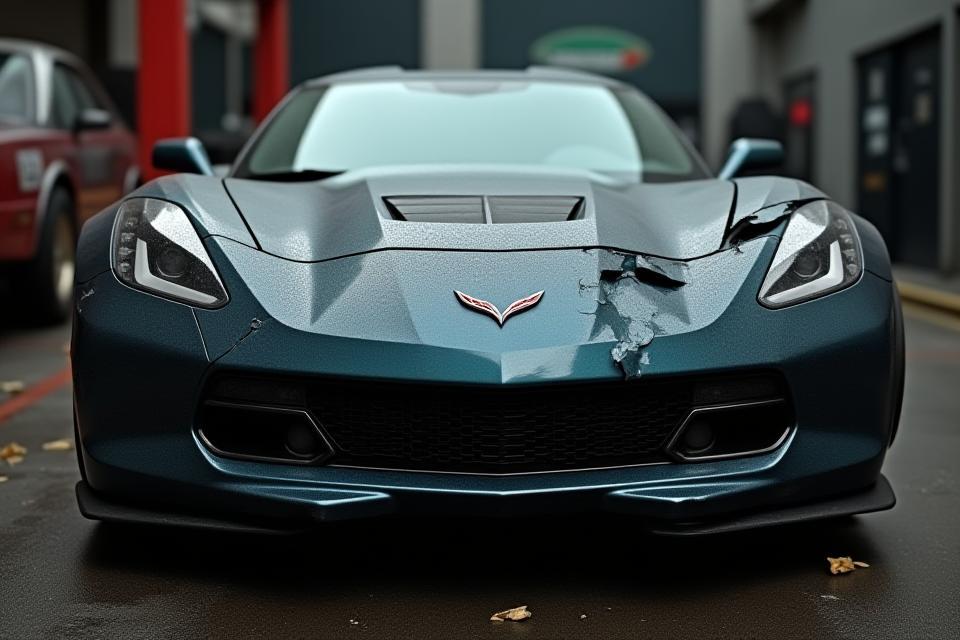 Sports car before repair with visible damage and worn paint