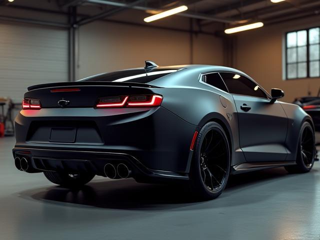 Custom Camaro build with sleek matte black finish and enhanced exhaust system