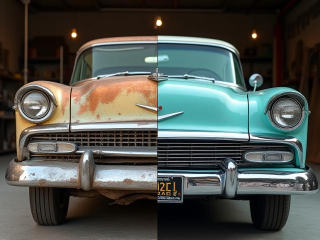 Before and after side-by-side comparison of classic car restoration project