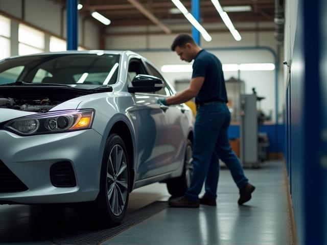 Oil change service being performed on a customer's sedan vehicle