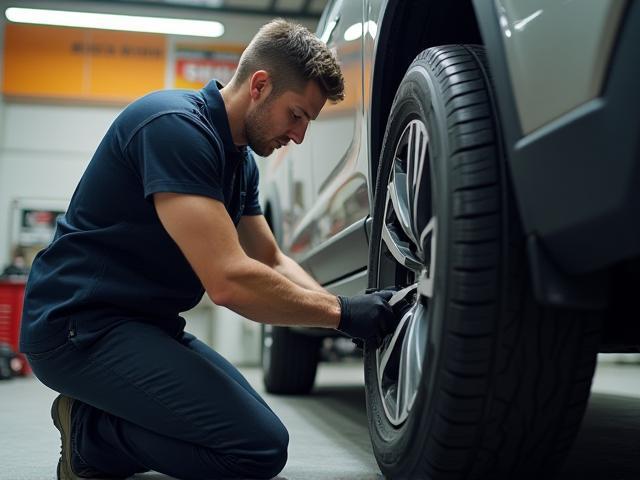Tire service technician changing a tire on a sport utility vehicle