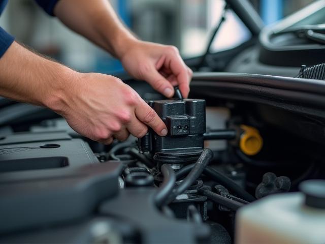 Technician repairing a vehicle's air conditioning system