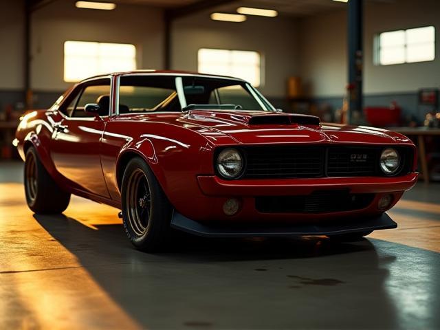 Custom-built muscle car with glossy finish on workshop floor