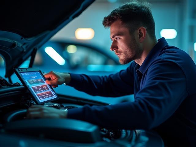 Technician analyzing engine diagnostics using advanced tools