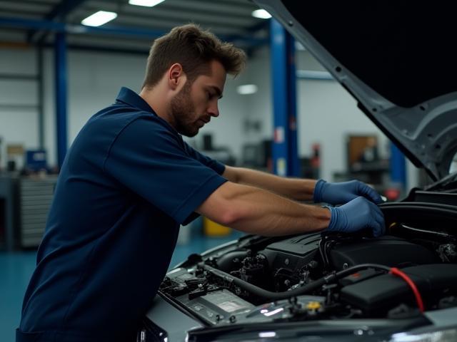 Mechanic performing general maintenance on a sedan engine