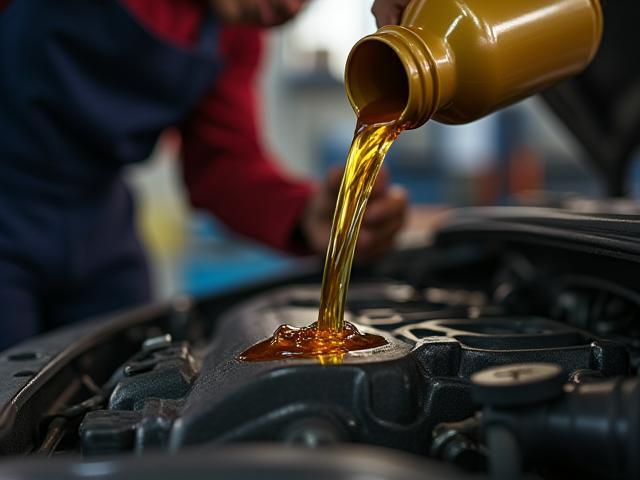 Mechanic changing engine oil with high quality motor oil