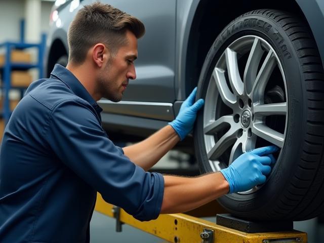 Technician inspecting and rotating car tires