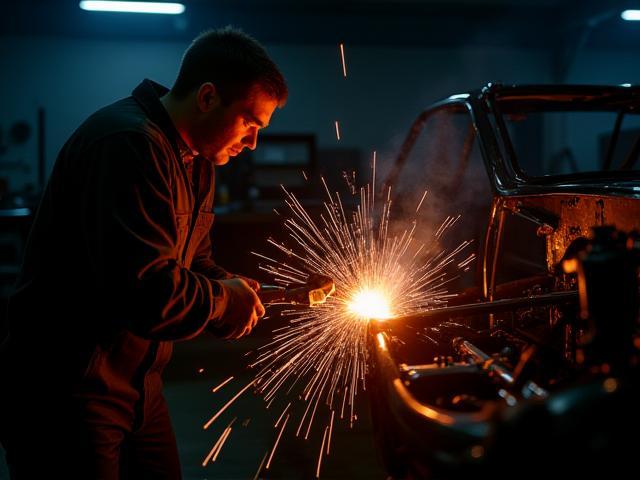 Skilled technician welding custom automotive frame